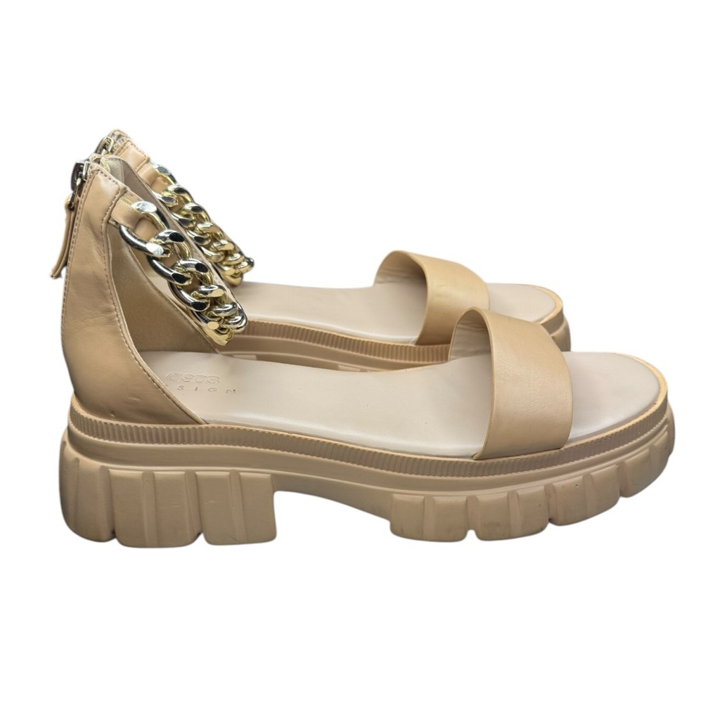 ASOS DESIGN Finicky chunky flat sandals with chain detail in beige
